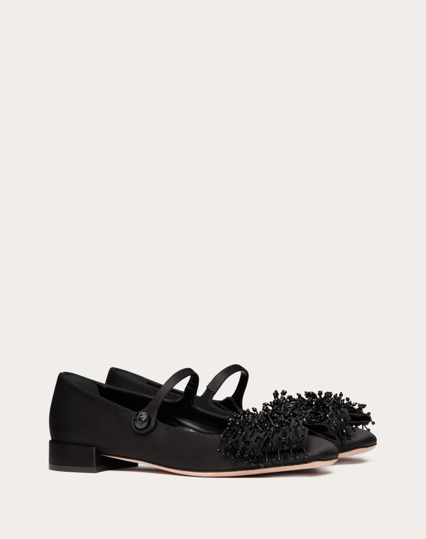 VALENTINO GARAVANI BOWJANE MARY-JANE SATIN BALLERINA WITH FRINGED EMBROIDERY 20MM - Image 1